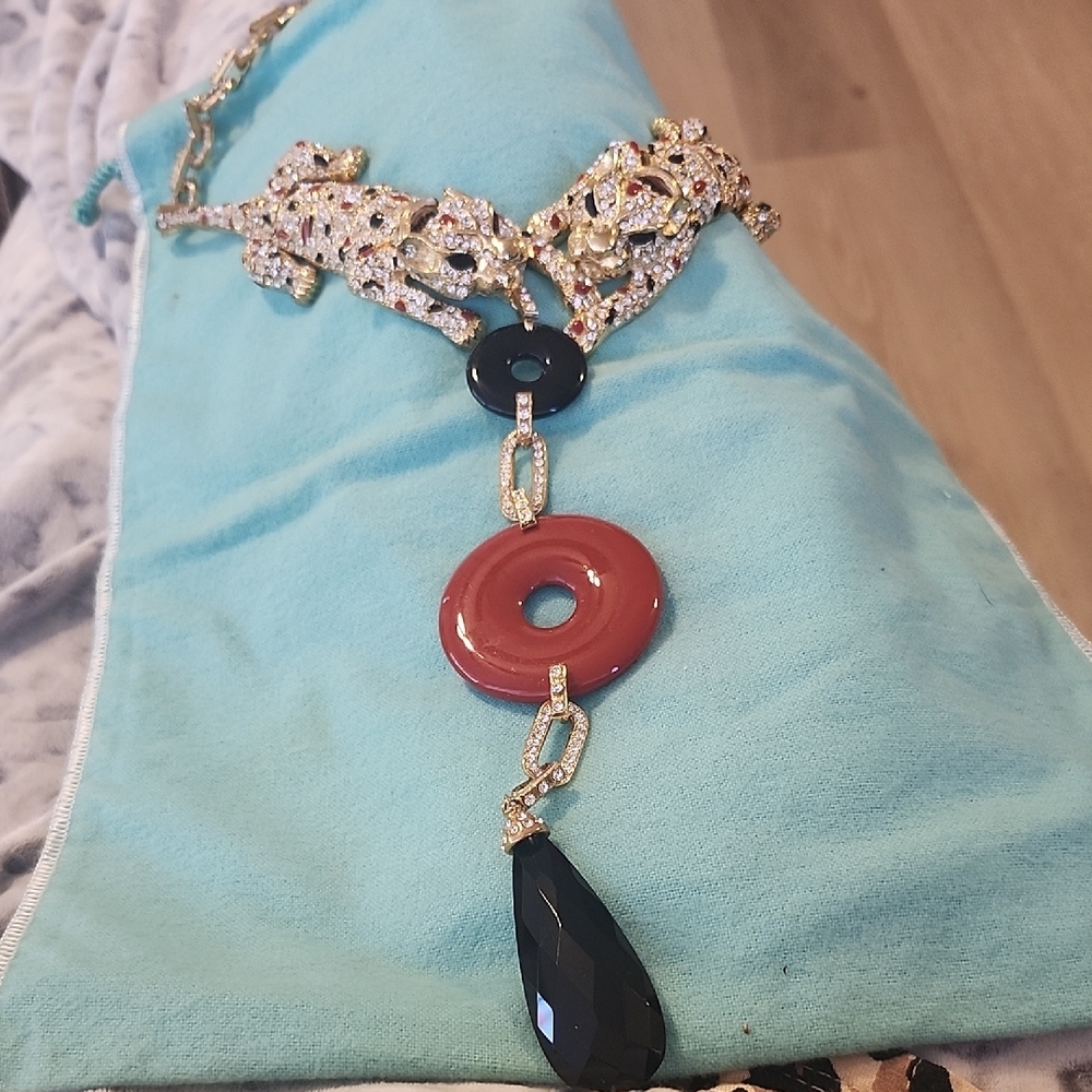 Gold-Tone Multi-Color Pendant Necklace with Black Teardrop and Red Disc